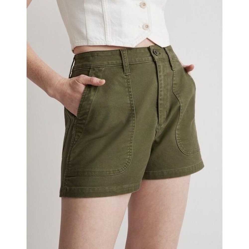 Madewell Patch Pocket Chino Utility Shorts Olive Green High Rise Size 33 NWT